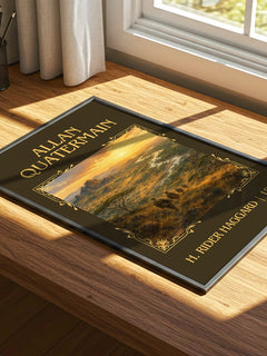 Allan Quatermain Classic Book Art Print by H. Rider Haggard – print on a sunlit desk