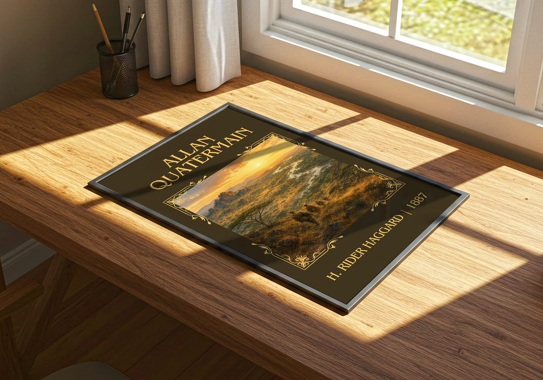 Allan Quatermain Classic Book Art Print by H. Rider Haggard – print on a sunlit desk