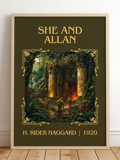 She And Allan Classic Book Art Print by H. Rider Haggard – framed print leaning on a wooden floor