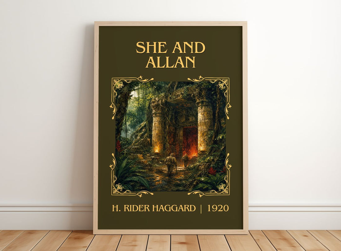 She And Allan Classic Book Art Print by H. Rider Haggard – framed print leaning on a wooden floor