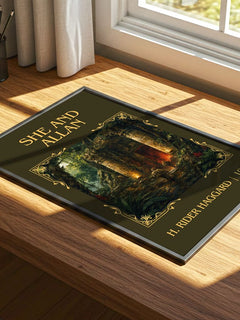 She And Allan Classic Book Art Print by H. Rider Haggard – print on a sunlit desk