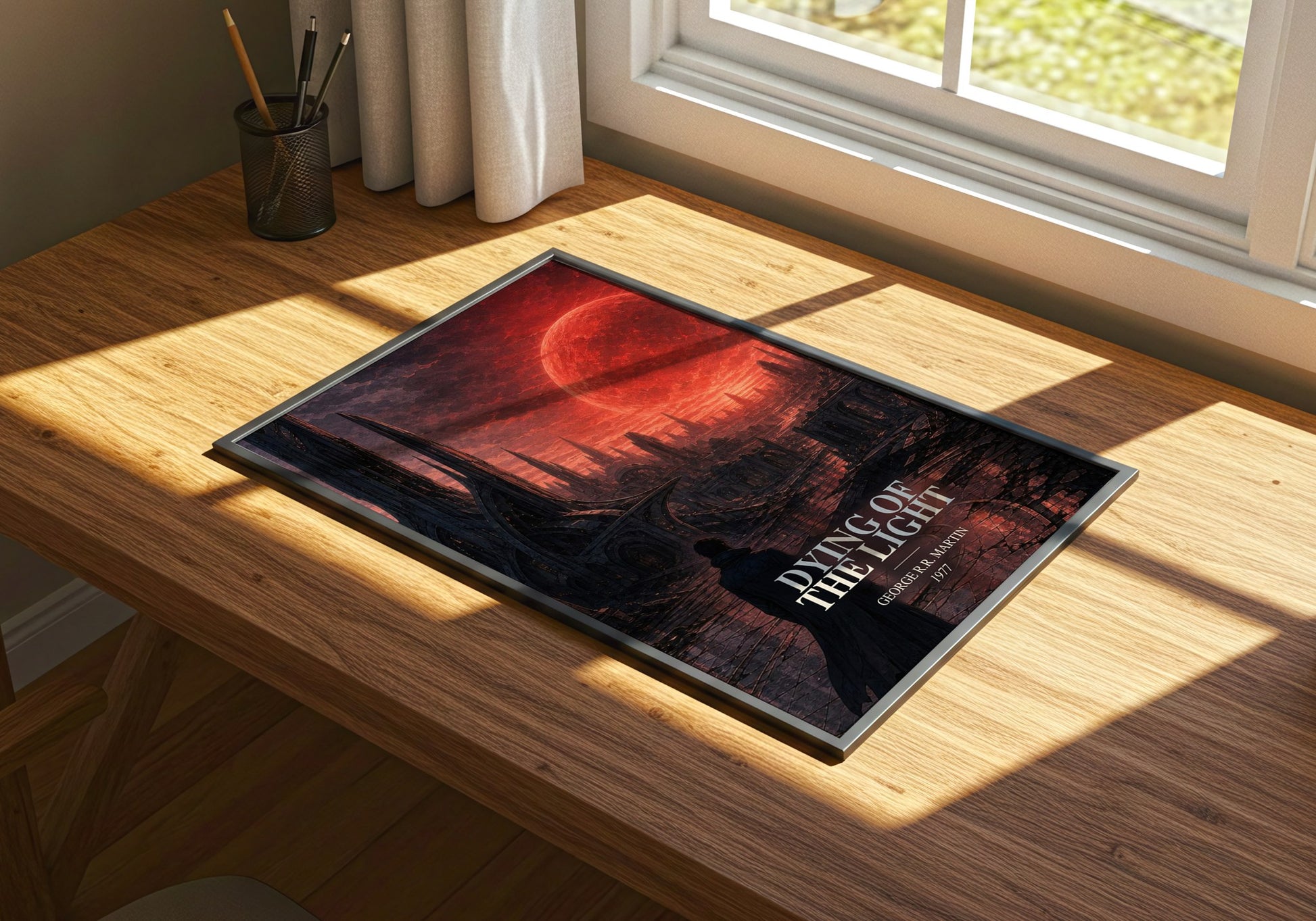 Dying Of The Light watercolour book poster framed on wall – sci fi wall art