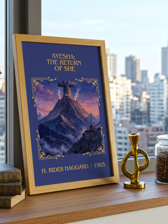 Ayesha: The Return Of She Classic Book Art Print by H. Rider Haggard – framed print on a city-view windowsill