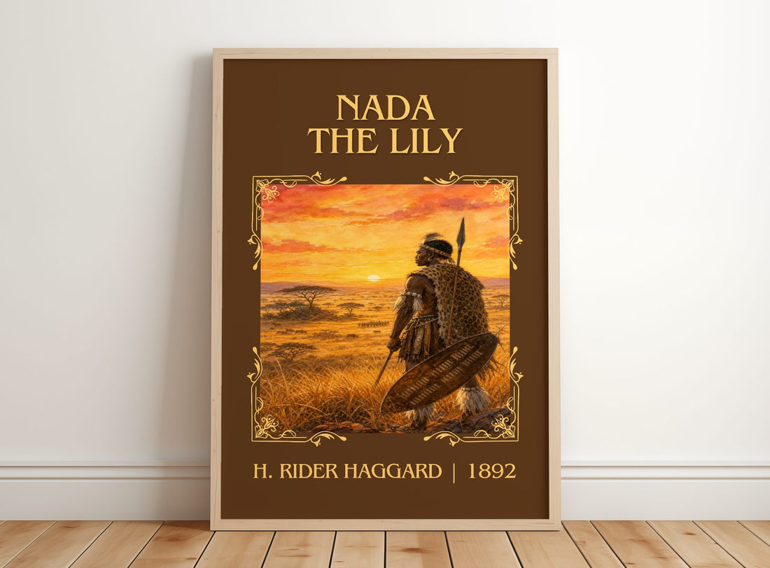 Nada The Lily Classic Book Art Print by H. Rider Haggard – framed print leaning on a wooden floor