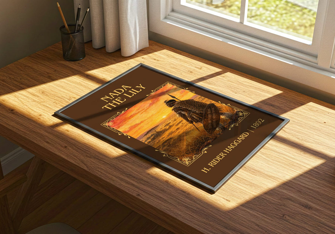 Nada The Lily Classic Book Art Print by H. Rider Haggard – print on a sunlit desk