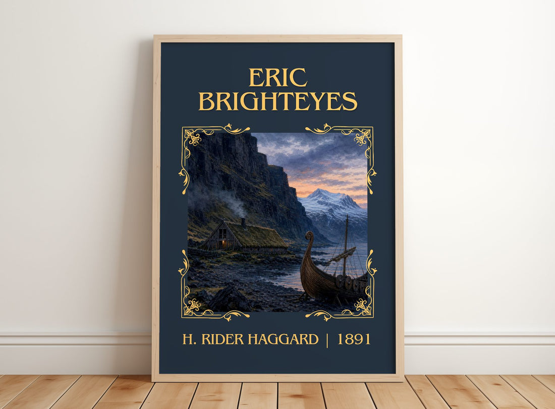 Eric Brighteyes Classic Book Art Print by H. Rider Haggard – framed print leaning on a wooden floor