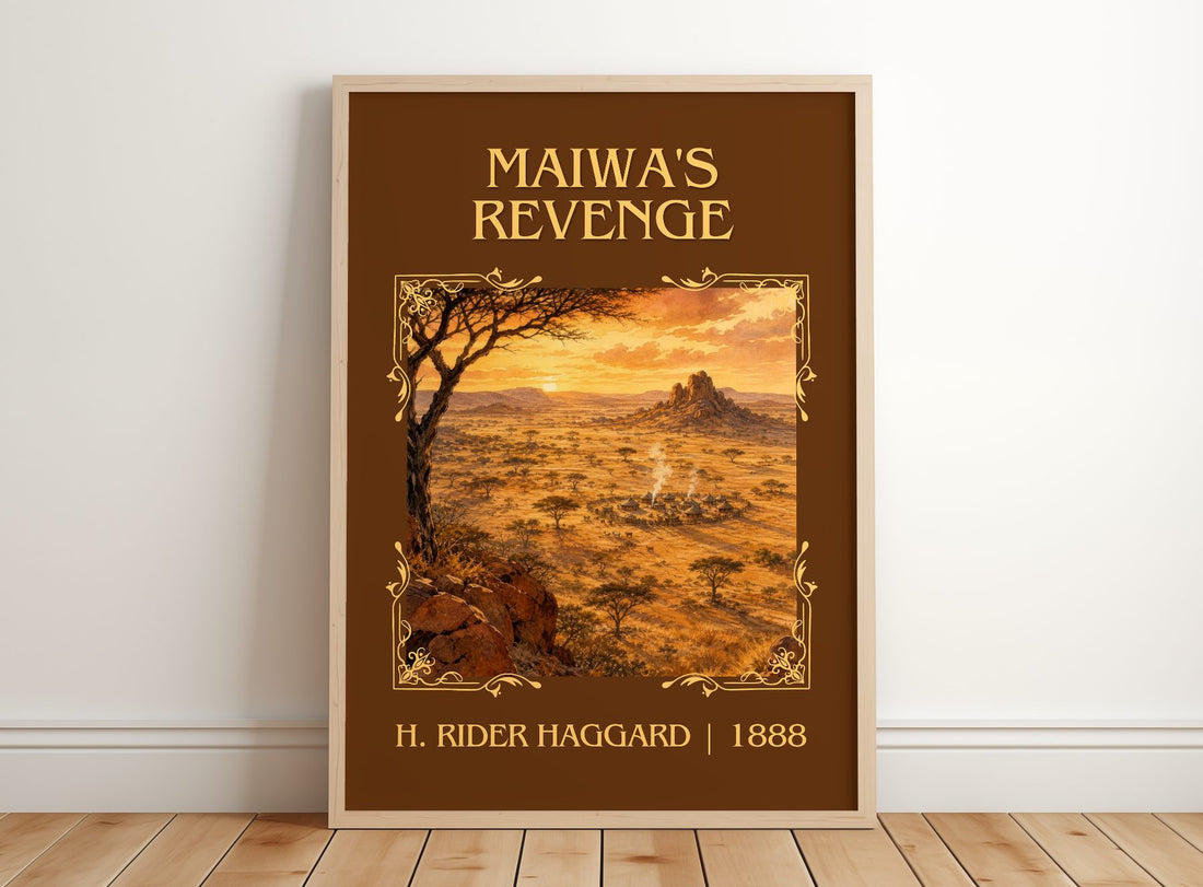 Maiwa'S Revenge Classic Book Art Print by H. Rider Haggard – framed print leaning on a wooden floor