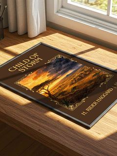 Child Of Storm Classic Book Art Print by H. Rider Haggard – print on a sunlit desk