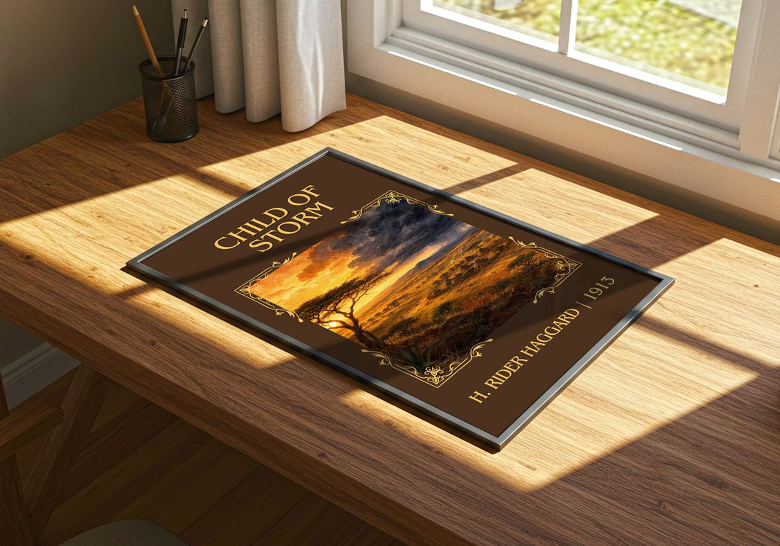 Child Of Storm Classic Book Art Print by H. Rider Haggard – print on a sunlit desk
