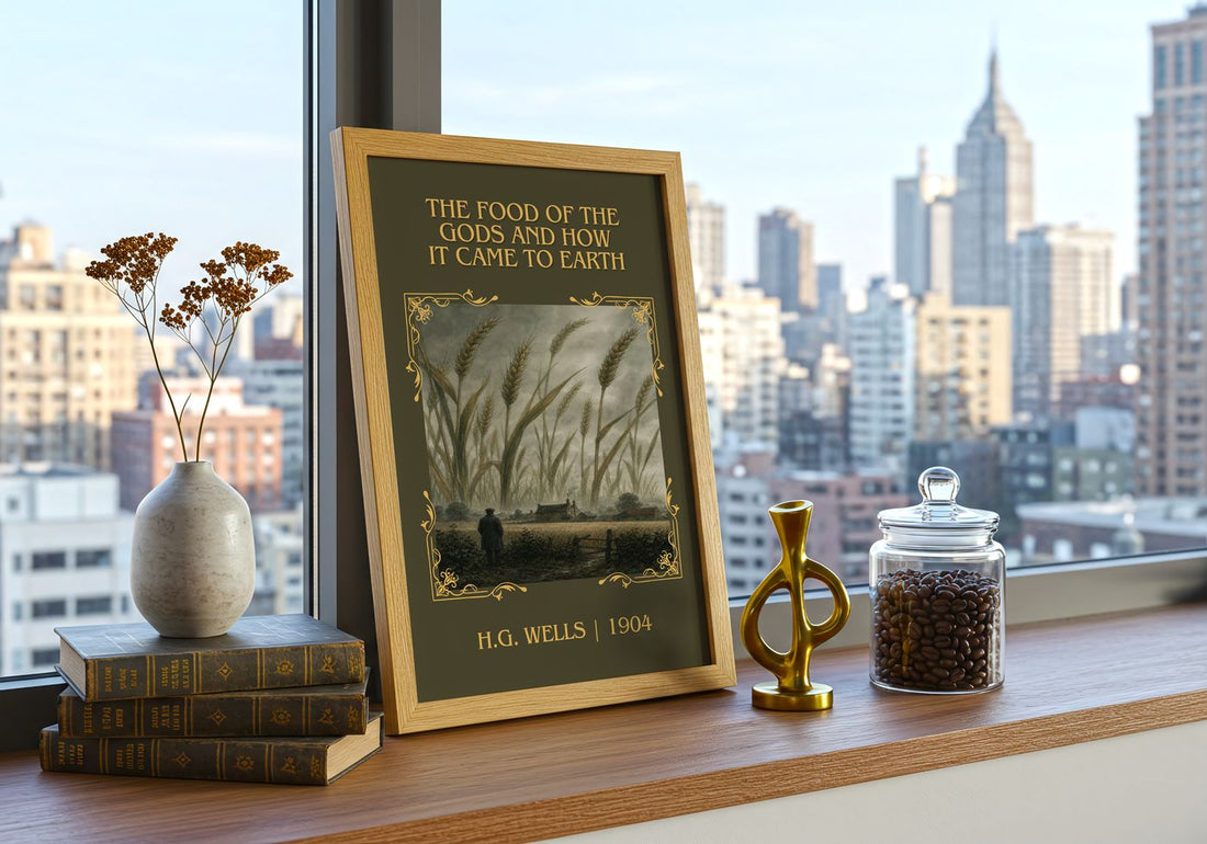 Food Of The Gods And How It Came To Earth Classic Book Art Print – framed print on a city-view windowsill