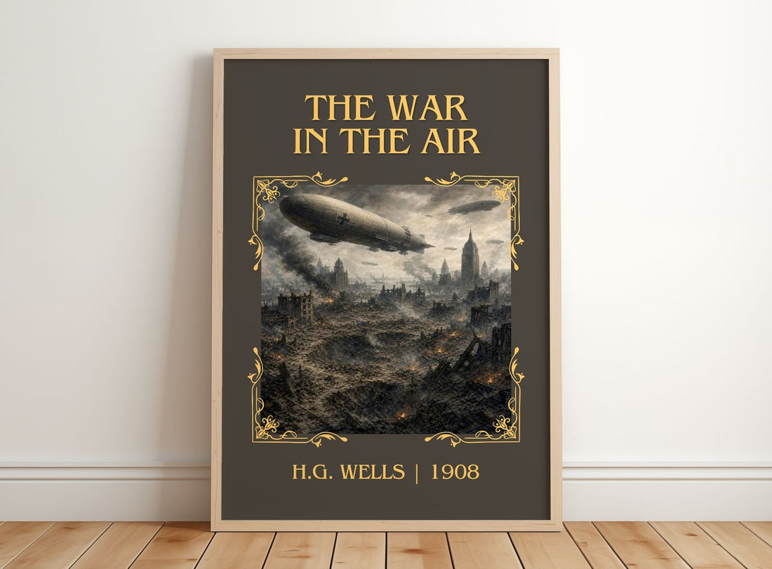 The War In The Air Classic Book Art Print by H.G. Wells – framed print leaning on a wooden floor