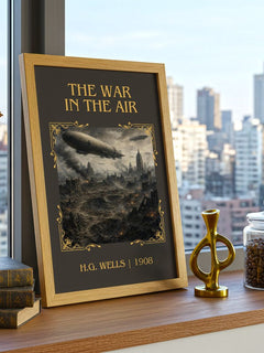 The War In The Air Classic Book Art Print by H.G. Wells – framed print on a city-view windowsill