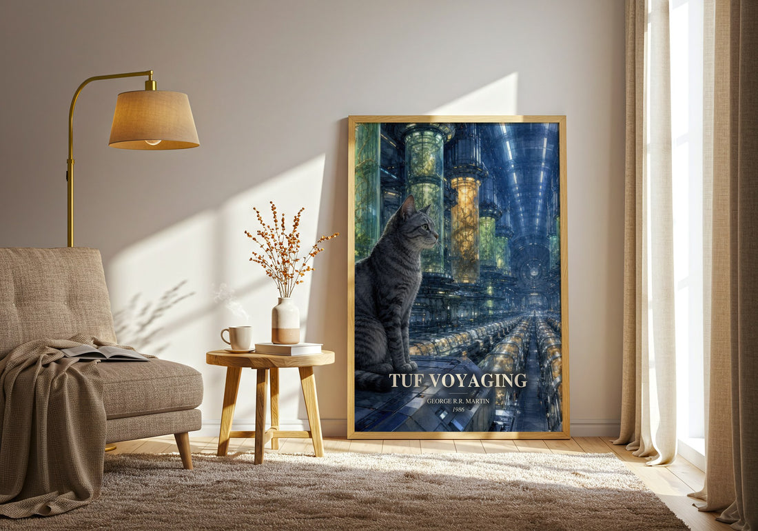 Tuf Voyaging watercolour print in frame leaning in hallway – sci fi wall art (mockup)