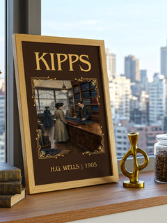 Kipps Classic Book Art Print by H.G. Wells – framed print on a city-view windowsill