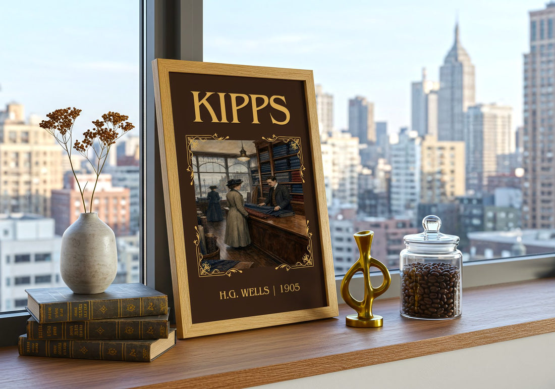 Kipps Classic Book Art Print by H.G. Wells – framed print on a city-view windowsill
