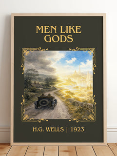 Men Like Gods Classic Book Art Print by H.G. Wells – framed print leaning on a wooden floor