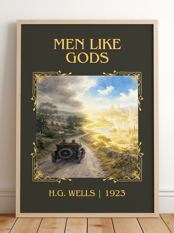 Men Like Gods Classic Book Art Print by H.G. Wells – framed print leaning on a wooden floor
