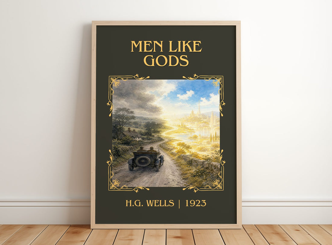 Men Like Gods Classic Book Art Print by H.G. Wells – framed print leaning on a wooden floor