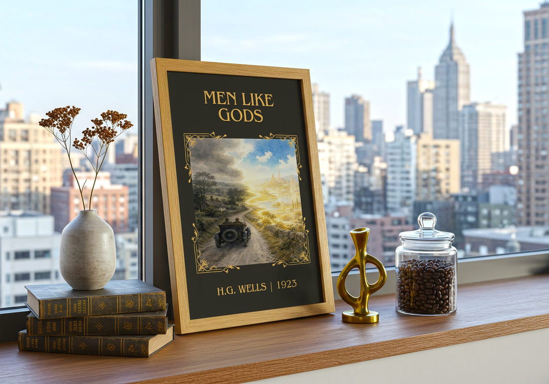 Men Like Gods Classic Book Art Print by H.G. Wells – framed print on a city-view windowsill