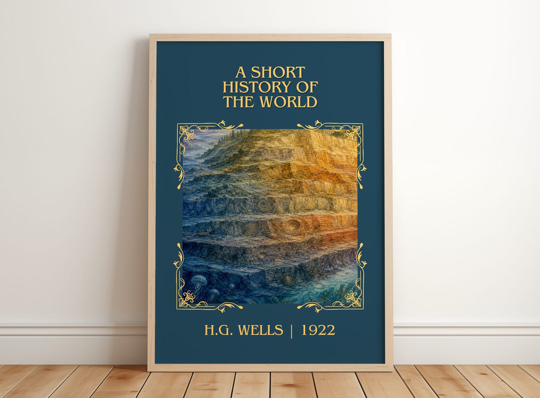 A Short History Of The World Classic Book Art Print by H.G. Wells – framed print leaning on a wooden floor
