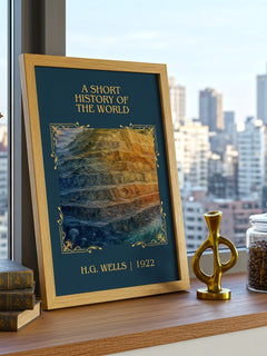 A Short History Of The World Classic Book Art Print by H.G. Wells – framed print on a city-view windowsill