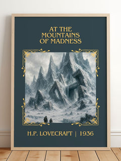 At The Mountains Of Madness Classic Book Art Print by H.P. Lovecraft – framed print leaning on a wooden floor