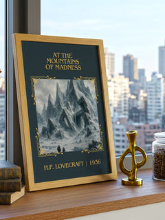 At The Mountains Of Madness Classic Book Art Print by H.P. Lovecraft – framed print on a city-view windowsill