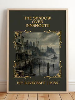The Shadow Over Innsmouth Classic Book Art Print by H.P. Lovecraft – framed print leaning on a wooden floor