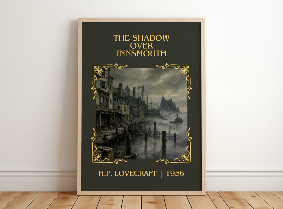 The Shadow Over Innsmouth Classic Book Art Print by H.P. Lovecraft – framed print leaning on a wooden floor