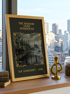 The Shadow Over Innsmouth Classic Book Art Print by H.P. Lovecraft – framed print on a city-view windowsill