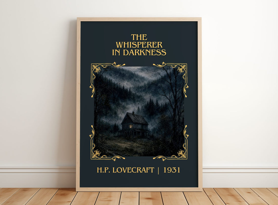 The Whisperer In Darkness Classic Book Art Print by H.P. Lovecraft – framed print leaning on a wooden floor