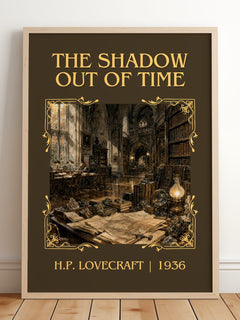The Shadow Out Of Time Classic Book Art Print by H.P. Lovecraft – framed print leaning on a wooden floor