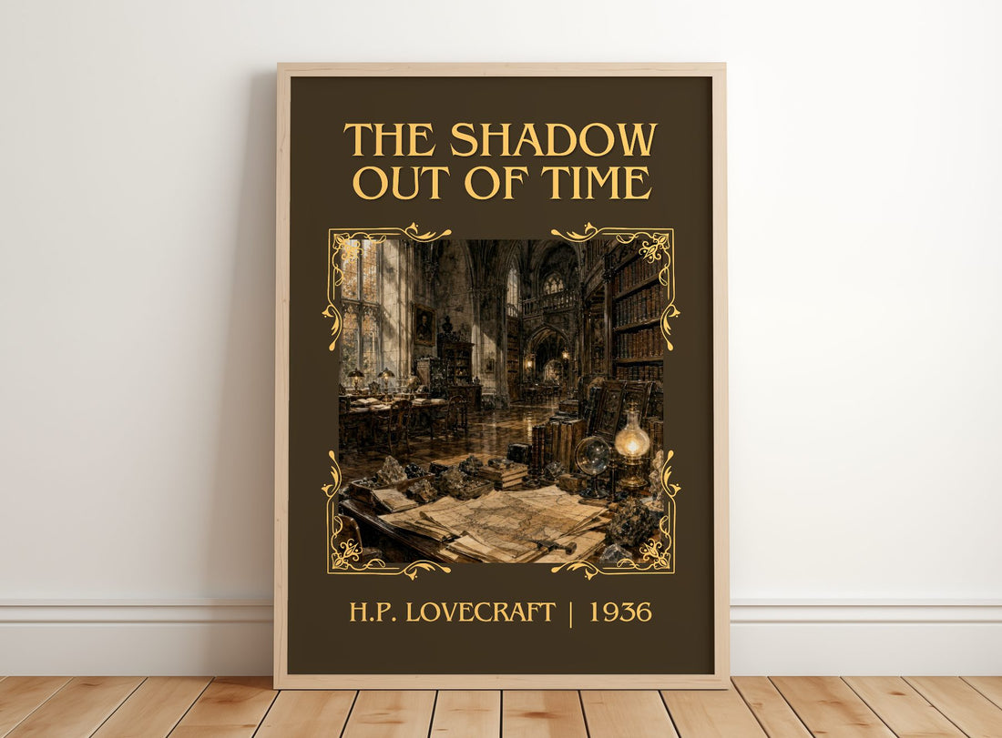 The Shadow Out Of Time Classic Book Art Print by H.P. Lovecraft – framed print leaning on a wooden floor