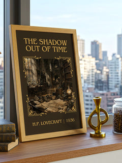 The Shadow Out Of Time Classic Book Art Print by H.P. Lovecraft – framed print on a city-view windowsill