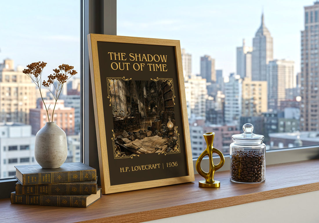 The Shadow Out Of Time Classic Book Art Print by H.P. Lovecraft – framed print on a city-view windowsill
