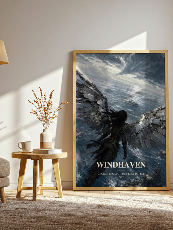Windhaven watercolour print in frame leaning in hallway – sci fi wall art