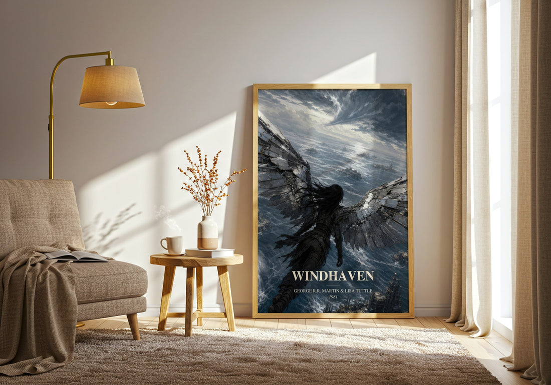Windhaven watercolour print in frame leaning in hallway – sci fi wall art (mockup)