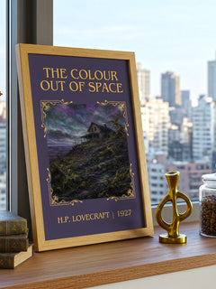 The Colour Out Of Space Classic Book Art Print by H.P. Lovecraft – framed print on a city-view windowsill