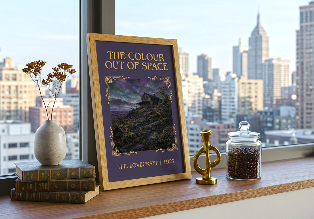The Colour Out Of Space Classic Book Art Print by H.P. Lovecraft – framed print on a city-view windowsill