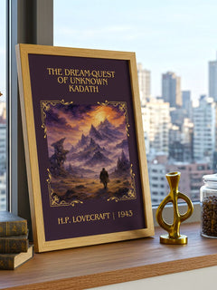 Dream-Quest Of Unknown Kadath Classic Book Art Print by H.P. Lovecraft – framed print on a city-view windowsill