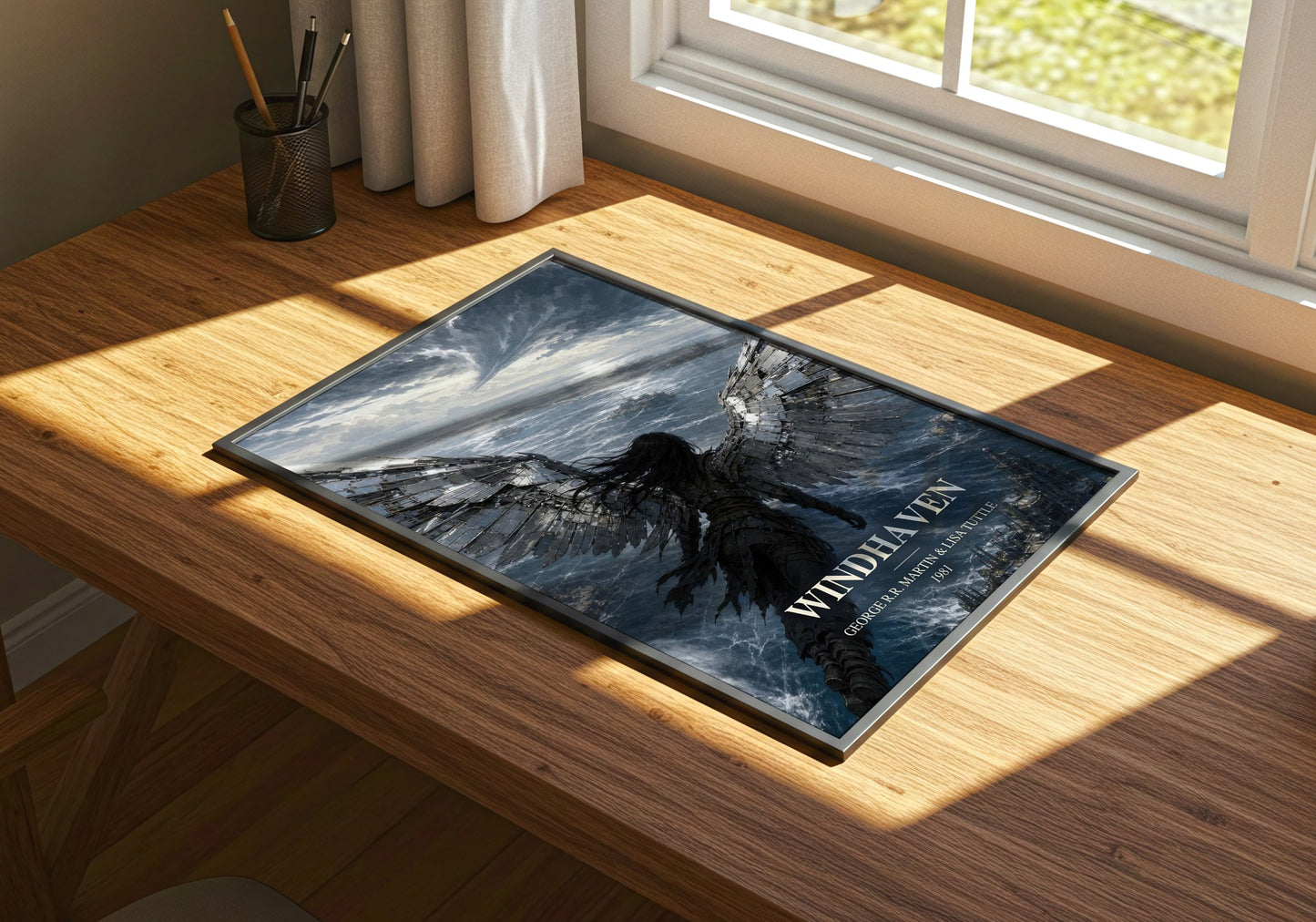 Windhaven watercolour book poster framed on wall – sci fi wall art