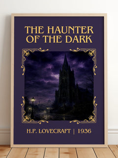 The Haunter Of The Dark Classic Book Art Print by H.P. Lovecraft – framed print leaning on a wooden floor