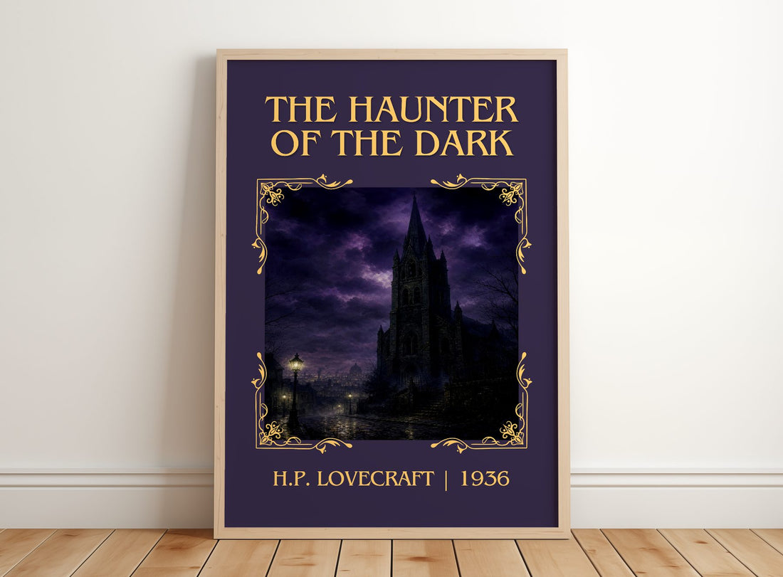 The Haunter Of The Dark Classic Book Art Print by H.P. Lovecraft – framed print leaning on a wooden floor