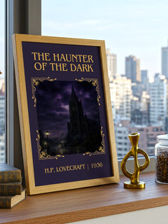 The Haunter Of The Dark Classic Book Art Print by H.P. Lovecraft – framed print on a city-view windowsill