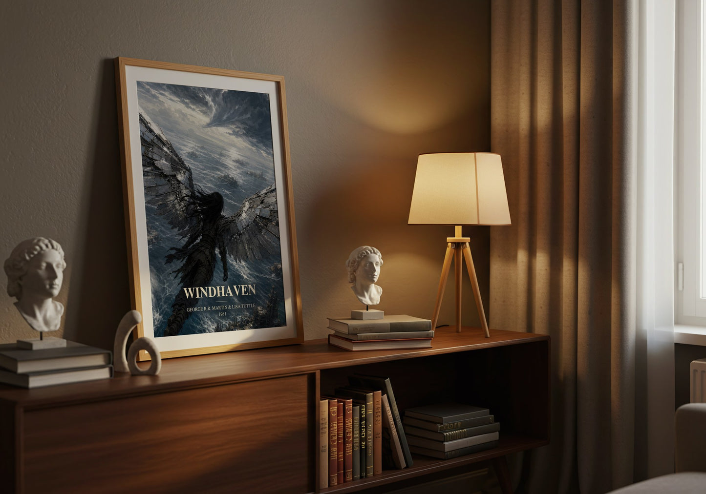 Windhaven watercolour print on bookshelf – George R.R. Martin & Lisa Tuttle fan gift