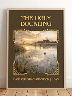 The Ugly Duckling Classic Book Art Print by Hans Christian Andersen – framed print leaning on a wooden floor