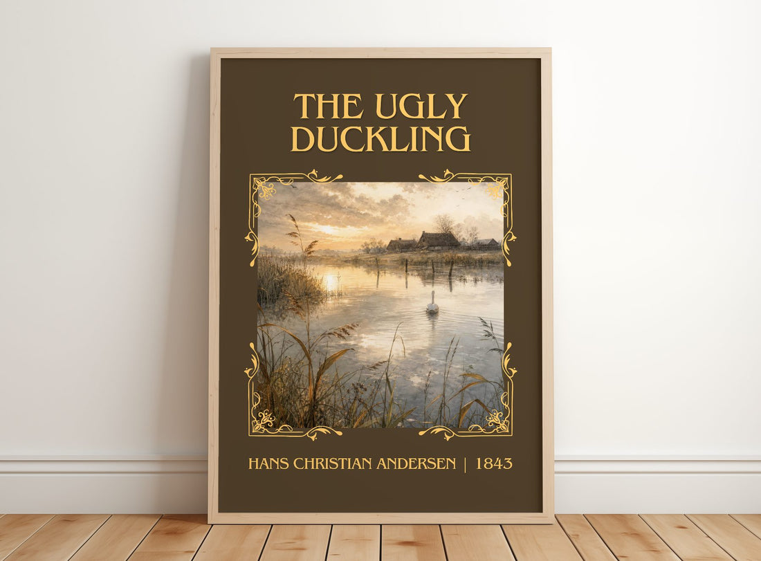 The Ugly Duckling Classic Book Art Print by Hans Christian Andersen – framed print leaning on a wooden floor