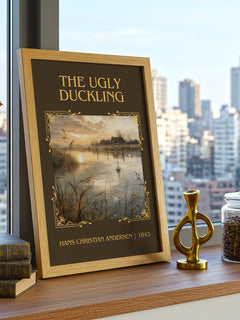 The Ugly Duckling Classic Book Art Print by Hans Christian Andersen – framed print on a city-view windowsill