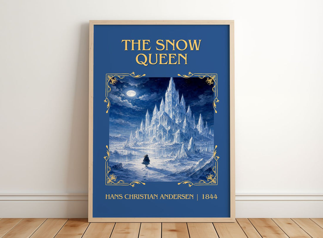 The Snow Queen Classic Book Art Print by Hans Christian Andersen – framed print leaning on a wooden floor