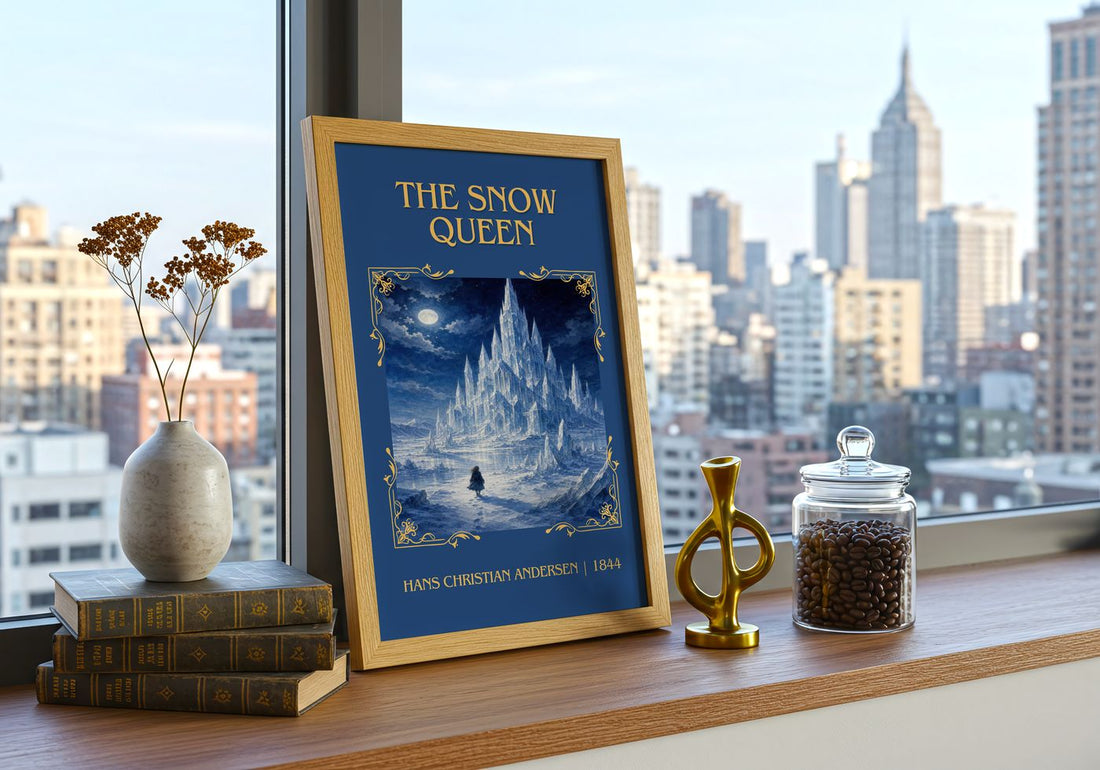 The Snow Queen Classic Book Art Print by Hans Christian Andersen – framed print on a city-view windowsill